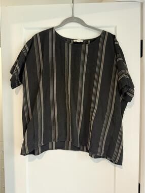Eileen Fisher Black and Gray Striped Short Sleeve Blouse Size M/M